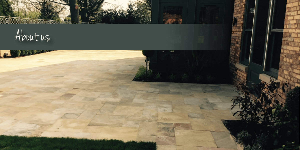 Beige paving with about us banner