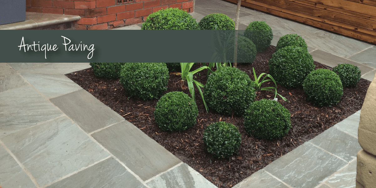 Garden feature with paving and antique paving banner