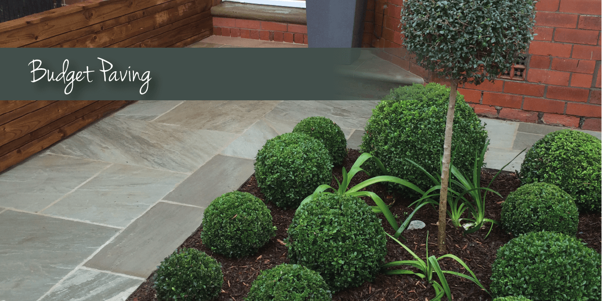 grey paving with outdoor garden feature and budget paving banner