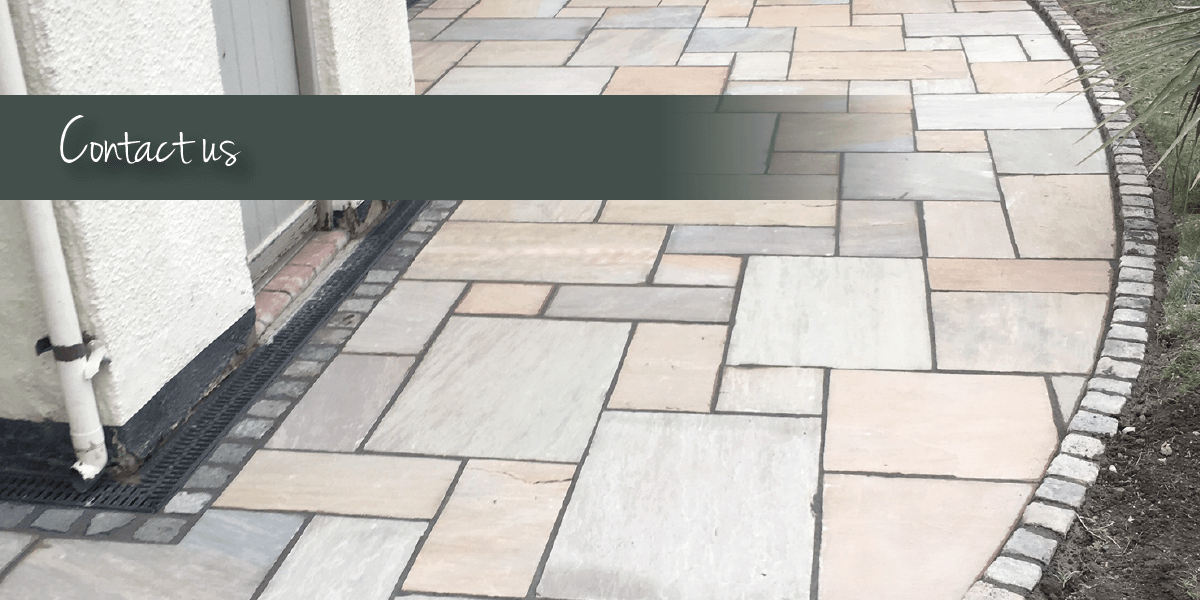 Beige paving with contact us banner