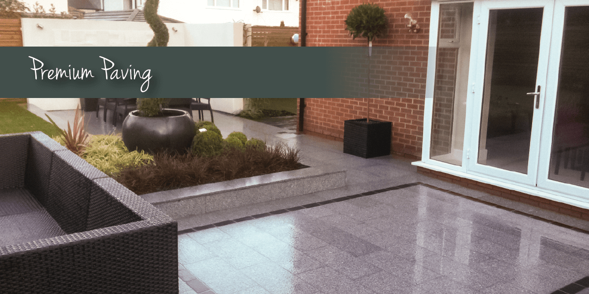 Grey modern outdoor paving with premium paving banner