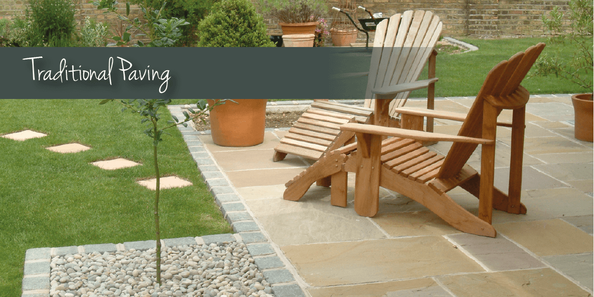 Outdoor paving with traditional paving banner
