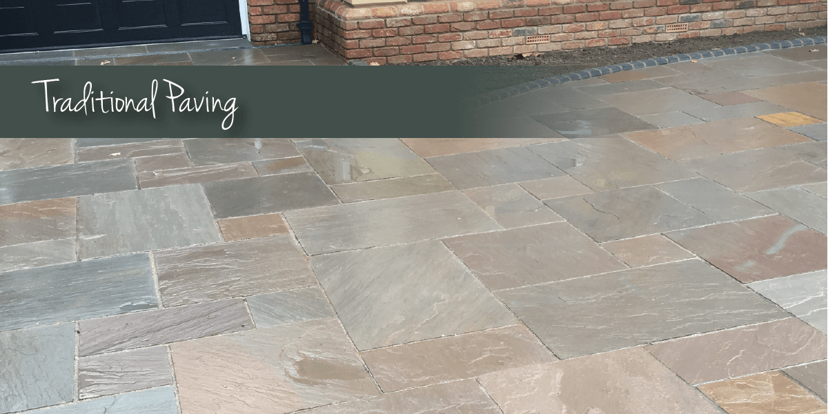 Grey outdoor paving with traditional paving banner